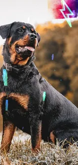 Rottweiler with abstract accents on a natural blurred background.