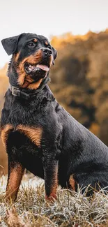 Rottweiler sitting outdoors in an autumn landscape.