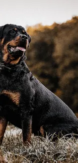 Rottweiler sitting in an amber autumn landscape.