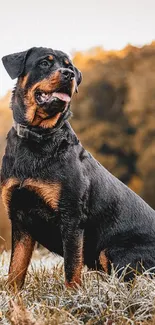 Rottweiler posing in scenic autumn field with forest backdrop.