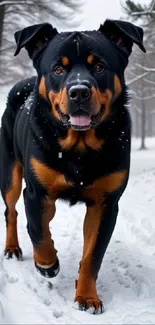 Rottweiler walking through a snowy forest with trees in the background.