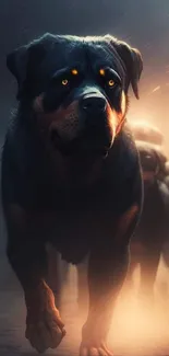 Rottweilers emerge from mist with glowing eyes.