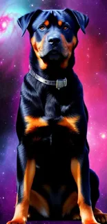 Rottweiler dog with galaxy background in high resolution.