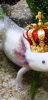 Crowned axolotl with sparkling underwater background.