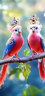 Two colorful birds with crowns on a branch.