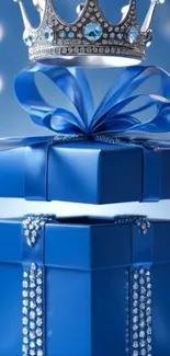 Royal blue gift box with crown on top.