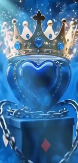 Blue heart with crown and chains in a magical setting.