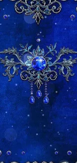 Royal blue wallpaper with ornate jewel design.