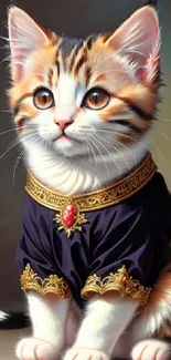 Regal cat wearing ornate attire with a royal theme for mobile wallpaper.