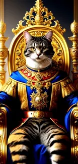 A regal cat sits on a golden throne with ornate decorations.