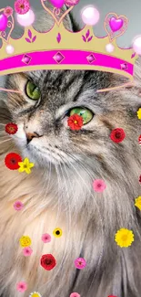 Fluffy cat with a pink tiara, exuding royal charm.