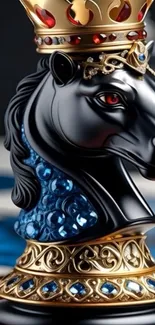 Luxurious black chess knight with crown