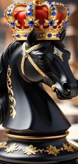 Majestic chess knight with royal crown on a chessboard.