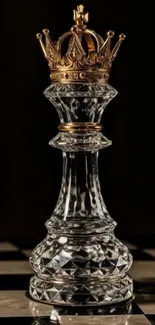 Crystal chess king with golden crown on checkered board.
