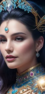 Elegant fantasy woman with jewels in cosmic medieval setting.