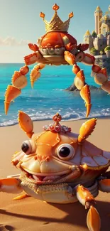 Whimsical crabs with crowns on a beach by a castle.