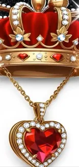 Royal crown and heart pendant with gems and gold chain.