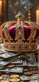 Jeweled crown on money and coins