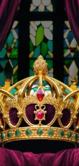 Golden crown with gems against stained glass.