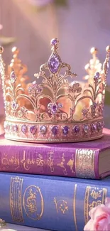 Elegant crown with purple jewels on vintage books.