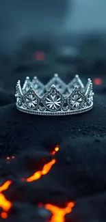 Royal crown placed on a fiery lava surface.