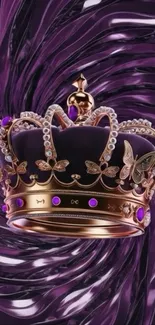 Gold and jeweled crown on a purple abstract background.