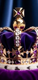 Purple velvet and gold jewel-encrusted crown on a dark background.