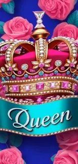 Jeweled crown on blue background with pink roses.