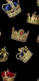 Wallpaper featuring various royal crowns on a black background.
