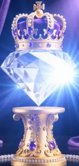 Crown and diamond on a golden stand with purple drapes.