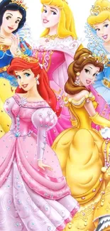 Five Disney princesses in colorful gowns.