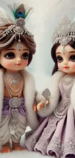 Royal doll couple with jewels and ornate attire on mobile wallpaper.