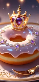 Luxurious donut topped with a crown, set on a golden plate.