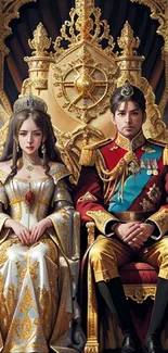 Elegant royal couple seated on a luxurious gold throne.