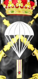 Royal emblem with crown and parachute on smoky black background.