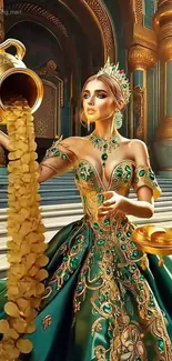 Royal figure in emerald gown pouring gold coins in palace setting.