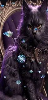 Elegant cat on a purple throne with ornate details.