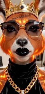 Fox with crown and sunglasses in luxury setting.