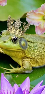 Crowned frog on lilypad surrounded by colorful flowers.