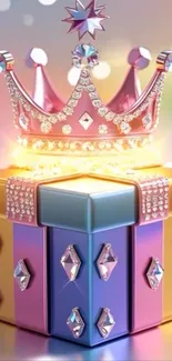 A colorful gift box topped with a sparkling crown.