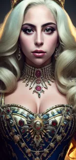 Majestic portrait with golden hair and jeweled attire in fantasy style.