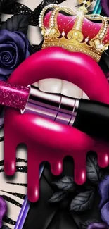 Vibrant wallpaper with pink lips, crown, lipstick, and purple roses.