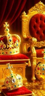 Golden throne with crowns and red accents in regal setting.