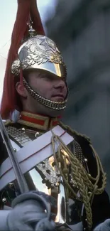 British royal guard in ceremonial uniform with metallic armor and red plume.