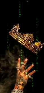 Tattooed hand reaching for a golden crown with green digital code background.