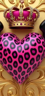 Crowned leopard heart with wings on gold.