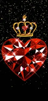 Red diamond heart with gold crown on black background.