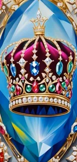 Intricate jeweled crown on a vibrant blue background.