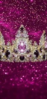 Jewel-studded royal crown on pink sparkle background.