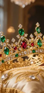 Luxurious crown adorned with jewels resting elegantly on a gold cushion.